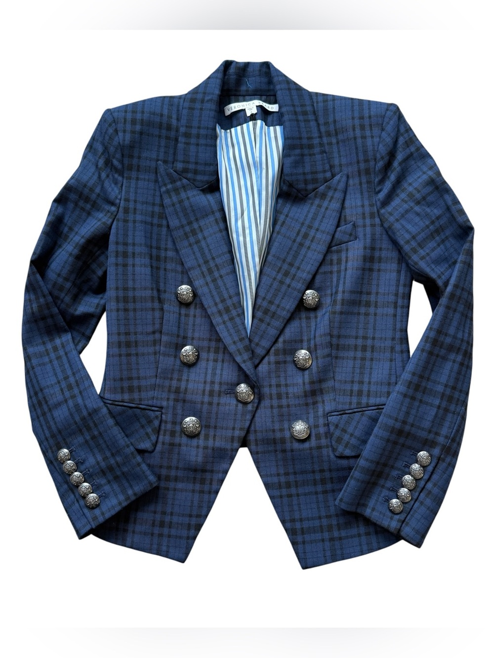 Veronica Beard Miller Dickey Jacket Sz 2 Blue Plaid Wool Double Breasted Blazer